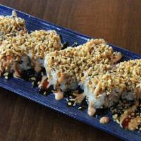 Crunchy Crab Roll · Imitation crab, cucumber, avocado, fried onions, sushi rice, nori, sesame seed, with spicy m...