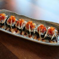 Red rock  · Imitation crab, cream cheese, sushi rice, nori, spicy tuna on top with masago, spicy mayo, e...