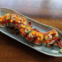 Fire Dragon Roll · Spicy imitation crab, cucumber, avocado, sushi rice, nori, spicy tuna, masago fish egg, jala...
