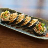 Tiger Roll · Deep-fried tempura shrimp, imitation crab, cucumber, avocado, carrots, cream cheese, nori, s...