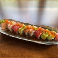 Rainbow Roll · Imitation crab, sushi rice, cucumber, avocado, purple cabbage, carrot, salmon, tuna, scallio...