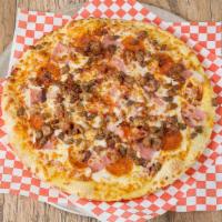 2. Meatza Pizza · Pepperoni, Italian sausage, ham, beef, bacon and extra cheese.