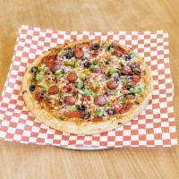 6. Chef's Combination Pizza · Pepperoni, mushrooms, green peppers, roasted red peppers, hot dog, black olives,  onion and ...