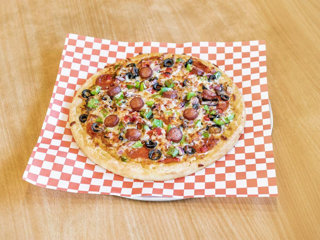 6. Chef's Combination Pizza · Pepperoni, mushrooms, green peppers, roasted red peppers, hot dog, black olives,  onion and extra mozzarella cheese.