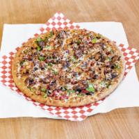 7. Philly Cheesesteak Pizza · Philly steak, green peppers, onions, roasted red peppers, mushrooms and provolone & mozzarel...