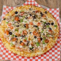 18. Greek Pizza · Feta cheese, black & green olives, green peppers, roasted red peppers, onions, tomatoes, mil...