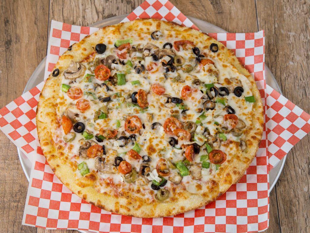 18. Greek Pizza · Feta cheese, black & green olives, green peppers, roasted red peppers, onions, tomatoes, mild pepper and mozzarella cheese.