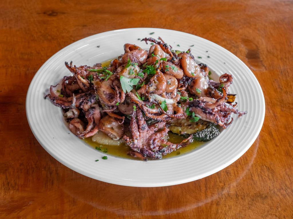 Polipo al Salmoriglio · Grilled baby octopus with olive oil, garlic, parsley, and fresh-squeezed lemon juice.