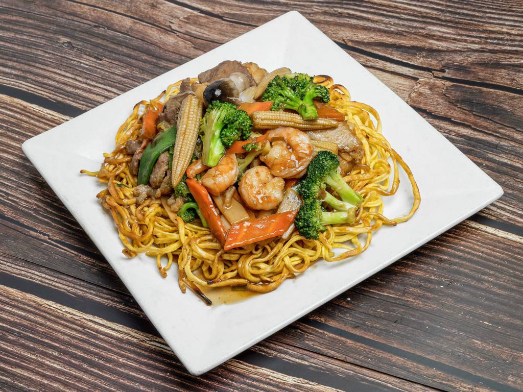 Shanghai Noodles  · Pan-fried noodles topped with shrimp, chicken, pork, and mixed vegetables in oyster sauce.