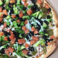 Veggie Specialty Pizza · Green peppers, mushrooms, onions, black olives, chopped tomatoes, and broccoli.