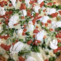 White Gourmet Pizza · Ricotta cheese, broccoli, chopped tomatoes, fresh garlic, and mozzarella.