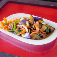 Eggplant · Stir-fried eggplant with soy bean sauce, carrots, basil, bell peppers and chili.