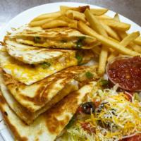 Cheese Quesadilla · Grilled onions, green peppers, and Monterey Jack cheese served with nacho chips, sour cream,...