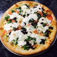 Paisano Pizza · Chopped tomatoes, fresh garlic, olive oil, basil, and mozzarella cheese.