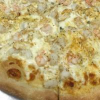 Seafood Pizza · Petite shrimp, lump crab meat, mozzarella cheese, fresh garlic, olive oil, and basil.