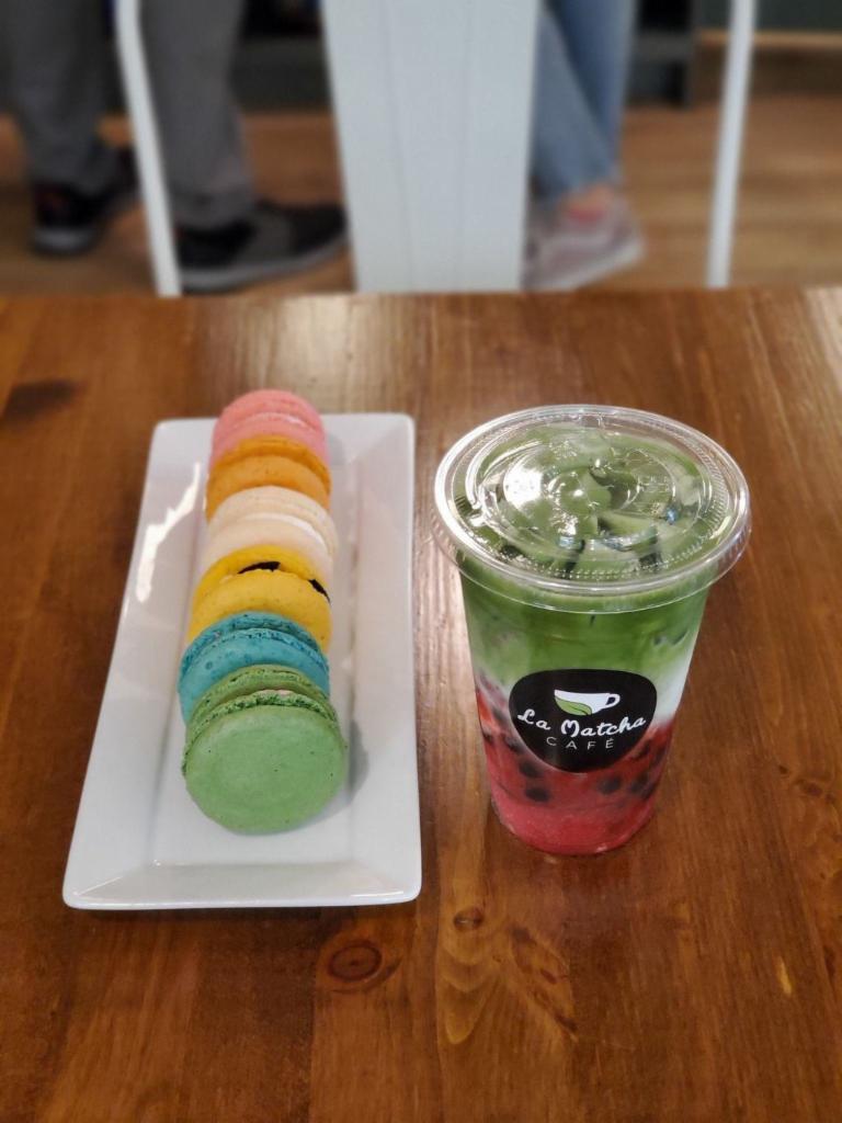 Half Dozen French Macarons Paired with a Specialty Drink · Half Dozen Macarons with a drink of your choice. Strawberry Matcha Latte, Mango Matcha Latte, Passion Fruit Tea, or Matcha Black Sugar with Fresh Milk Boba. Macarons flavors are strawberry matcha, chocolate, oreo, almond, passion fruit, and strawberry. Option to add boba or lychee jelly to drink.