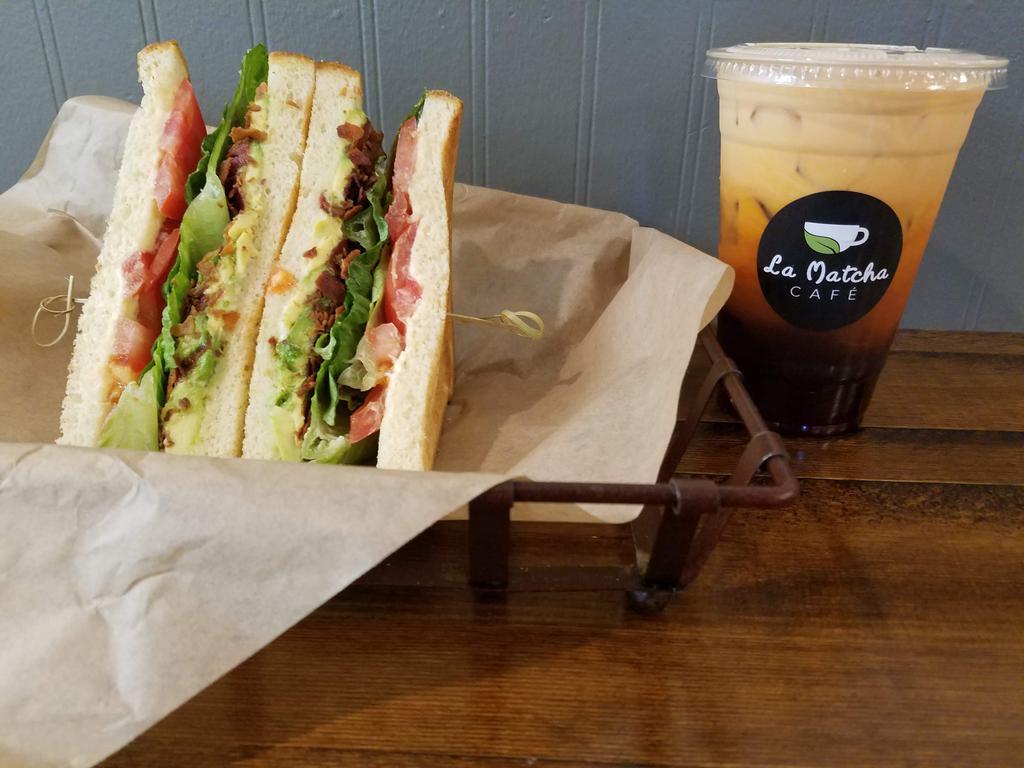 BLTA Sandwich with Thai Tea Drink · Option to add boba or lychee jelly to drink.