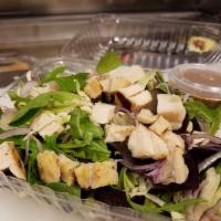 Asian Chicken Salad · Grilled chicken, peanuts, cabbage slaw, organic mixed greens, red onions, and house-made pea...