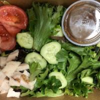 Grilled Chicken Salad · Grilled Chicken, organic mixed greens, tomatoes, cucumbers with balsamic dressing 