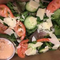 House salad (vegetarian) · Organic mixed greens, tomatoes, cucumbers and Parmesan cheese