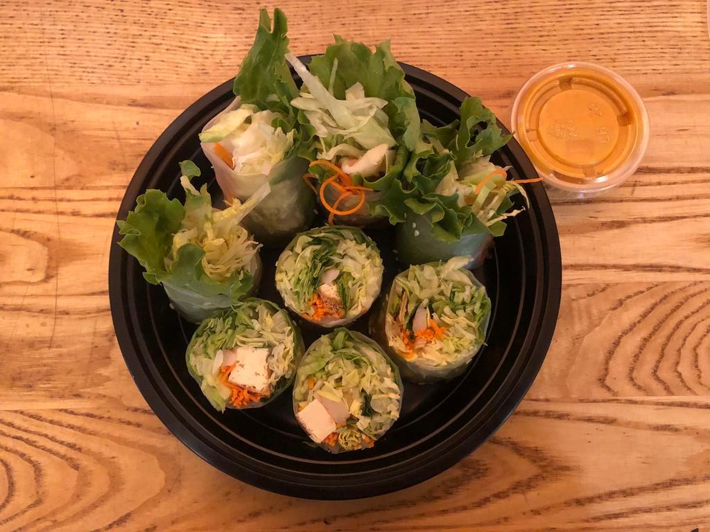 Vegetarian Fresh Spring Rolls · Tofu, carrot, lettuce and mint leaves wrapped in rice papers with homemade peanut sauce.