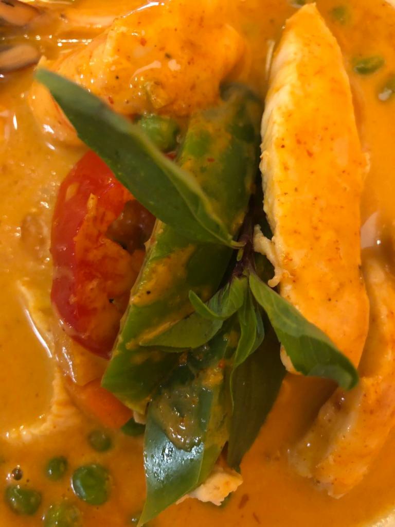 Panang Curry a la Carte · Panang curry paste with bell pepper, green pea and basil, seasoned with lime leaves. Medium spicy.