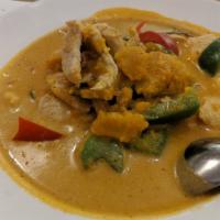 Pumpkin Curry a la Carte · Kabocha pumpkin, bell pepper, and basil leaves in red curry sauce. Medium spicy.