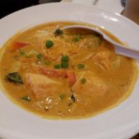 Panang Avocado · Prawns or salmon with avocado in panang coconut curry, basil leaves and served with a side o...