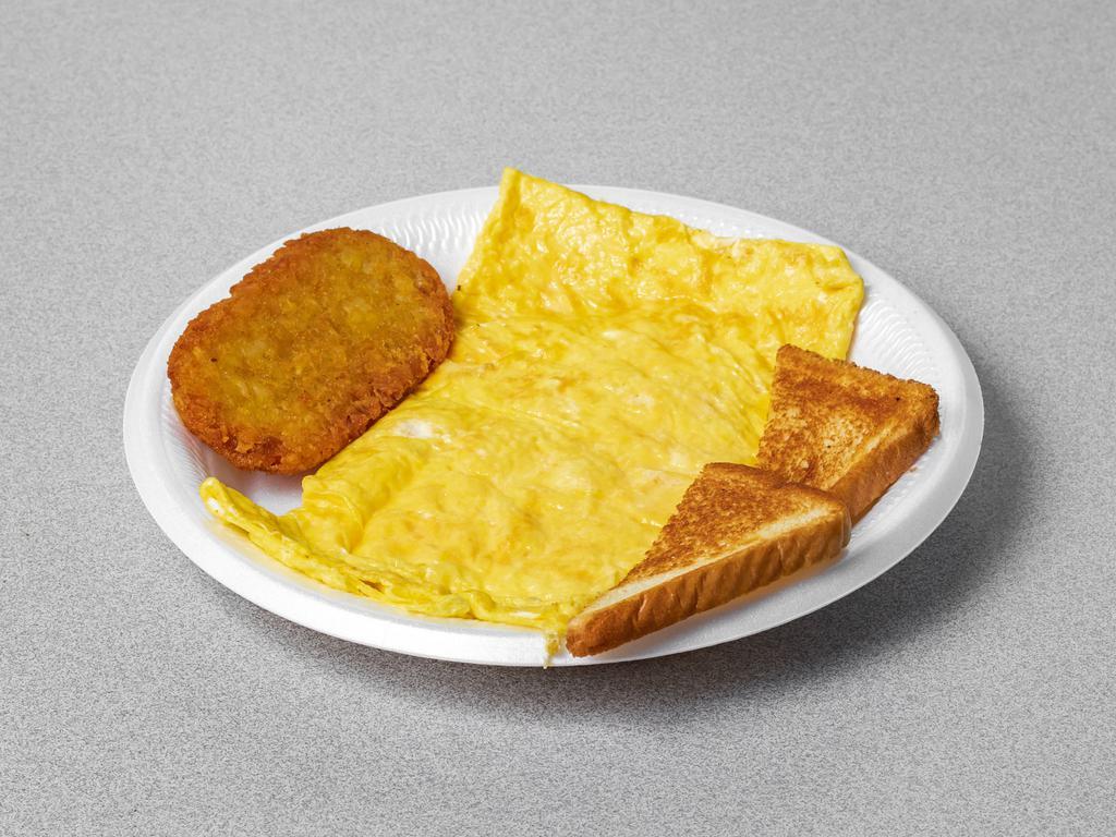 Egg Omelette · Served with hashbrown and toast choices include veggie, ham, bacon, or sausage.
