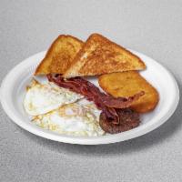 Breakfast Plate · 2 egg, hash brown, 2 bacon slices, sausage patty and toast.