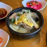 S3. Galbi Tang Soup · Beef short rib soup with radish, black mushrooms, glass noodles, egg garnish and scallions.