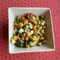 Lebanese happy chickpea salad · Chickpeas, green onion, cucumber, tomato, parsley, cilantro, feta cheese
