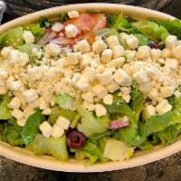 HL Greek Salad Bowl · Romaine lettuce, cucumber, feta cubes, Kalamata olives, red onions, tomato with Greek salad ...