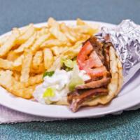 4. Gyro and Fries · thin sliced lamb or chicken gyro(please specify in the instructions),lettuce, tomatoes,red o...