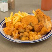 21. Seafood Platter · Shrimp, oystet, scallop, calamari, crab cake, and fish.