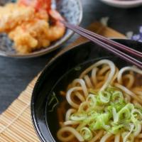 Tempura Udon · Udon noodle soup with shrimp and vegetable tempura.