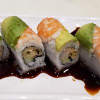 Shrimp Lover Special Roll · In: shrimp tempura, cucumber. Out: fresh shrimp, avocado, and eel sauce.