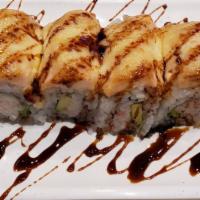 Alaskan Roll · California roll with salmon outside and baked eel sauce.