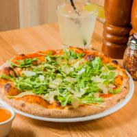 Vodka Chicken Pizza · Vodka sauce and chicken with arugula and shape parmesan