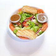 Greek Salad · Romaine lettuce, tomato, red onions, bell pepper, feta, Kalamata olives and cucumber.
