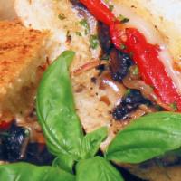 Grilled Vegetarian Sandwich · Roasted red peppers, red onions, portobello mushrooms and provolone cheese on grilled focacc...