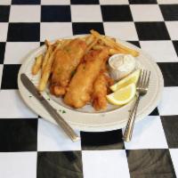 Fish and Chips · Homemade beer battered cod.