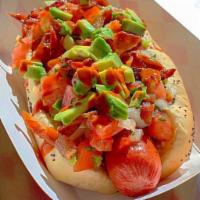 Chicago Dog · Vienna beef hot dog topped with relish, chopped onion, mustard, tomato, sport peppers, a dil...