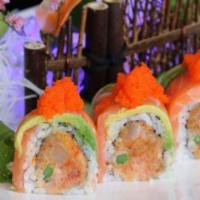 New Kid on the Block Roll · In: spicy tuna, yallow tail and asparagus. Out: salmon, avocado and masago.