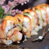 Smokin Sakura Roll · In kani and eel. Out seared smoked salmon, avocado, cream cheese with spicy mayonnaise, and ...