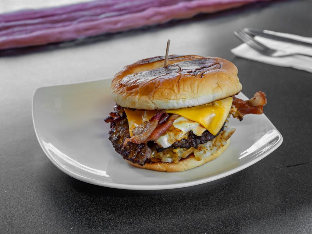 Emil's Morning Burger · Fresh Beef Patty, Smoked Bacon, Hash brown, Egg, Cheese & Emil's Sauce on Brioche Bun