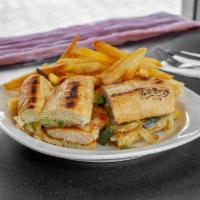 Fajita Chicken Sandwich · Grilled Seasoned Chicken Brest with Onion, Pepper & Pepper Jack Cheese on French Roll