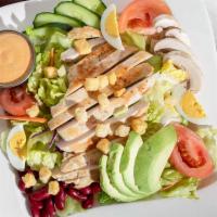 Chicken Breast Salad · Grilled chicken breast or fried chicken, mushroom, avocado, tomato, cucumber, beans and egg.