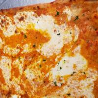 Drunken Grandma Pizza · Square, thin crust with homemade vodka sauce, and fresh mozzarella