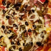 Supreme Pizza · Pepperoni, sausage, meatball, ham, mushrooms, peppers, onions, black olives and garlic.